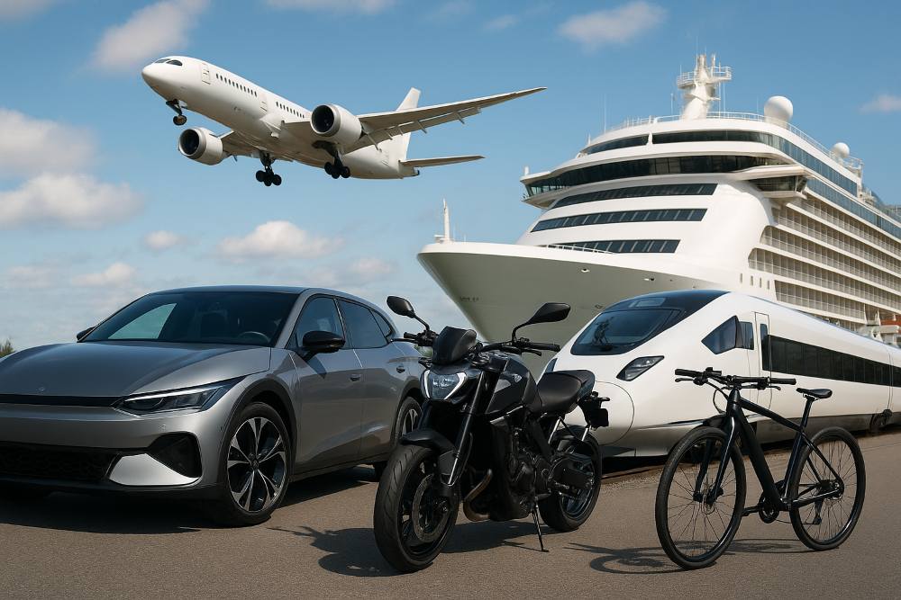 ヴィーガン対応の自動車、バイク、自転車、航空機、鉄道、船舶の集合した写真